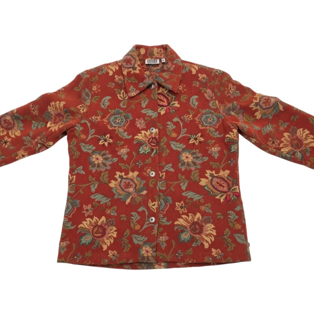 VTG Chicos Design Tapestry Jacket Women 0 Red Floral Beaded Embroidered Grandma